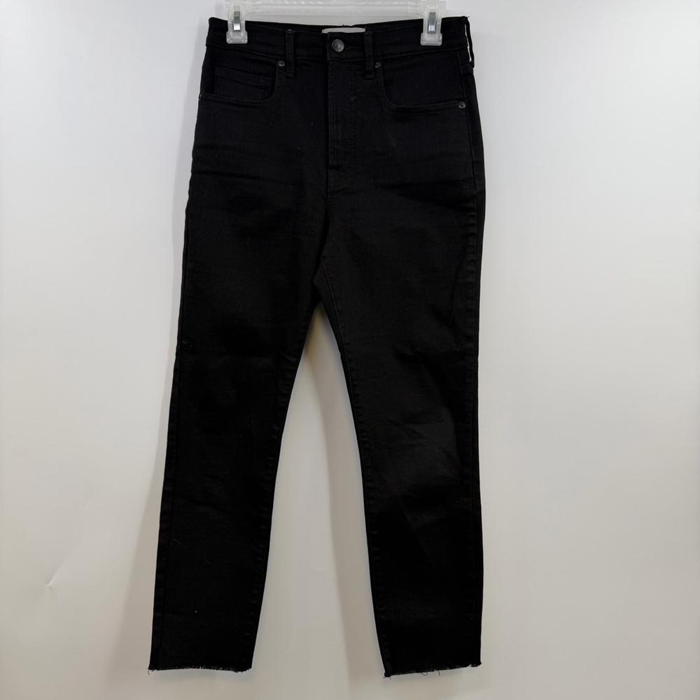Everlane High Rise Straight Crop Jeans 28 Black Raw Hem Stretch Denim